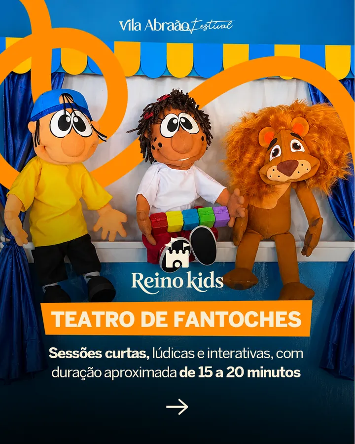 Bonecos do Teatro de Fantoches do Reino Kids: menino de boné, menina e leão